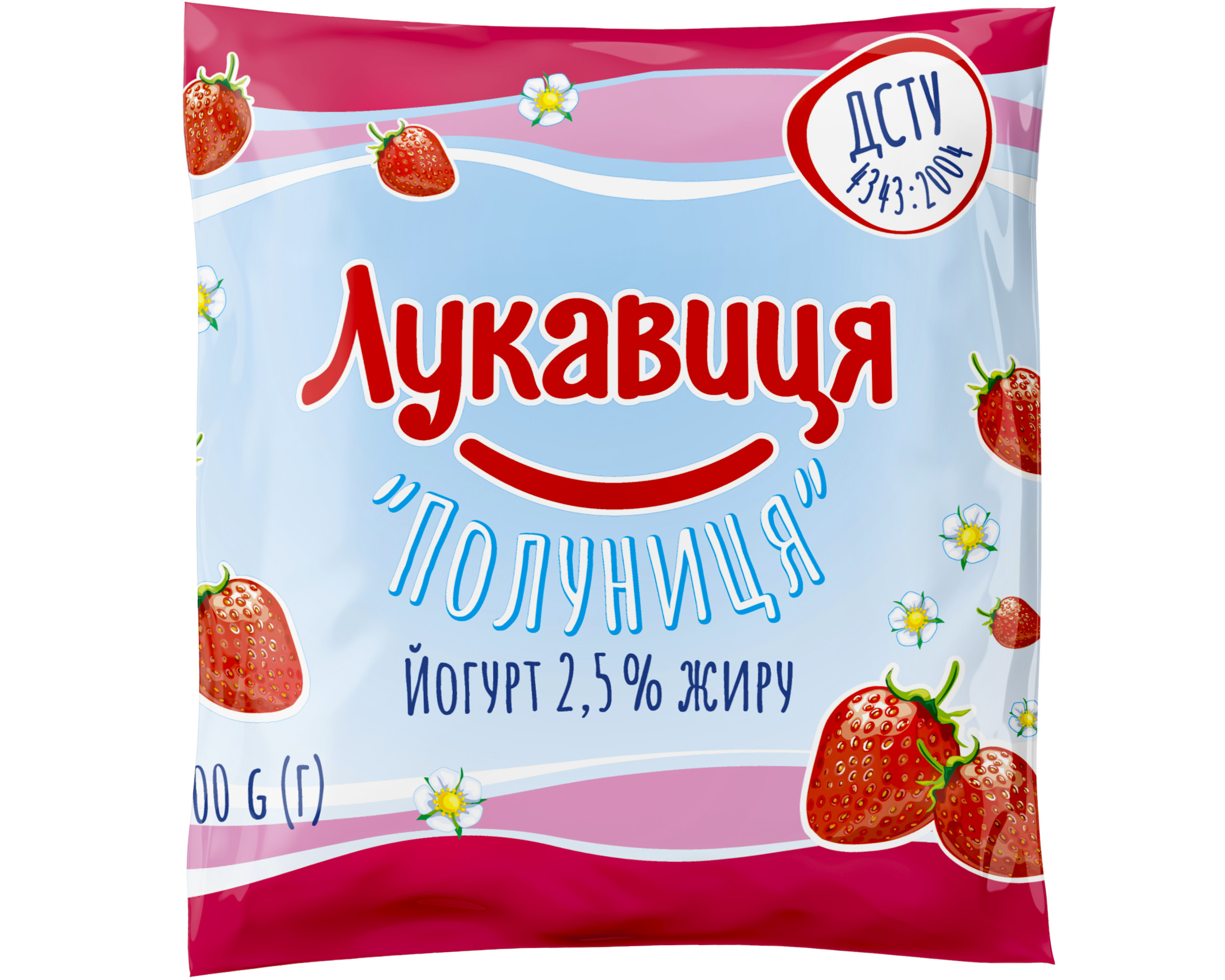 Йогурт 2,5% жирнісю Полуниця плівка 400 гр ТМ Лукавиця